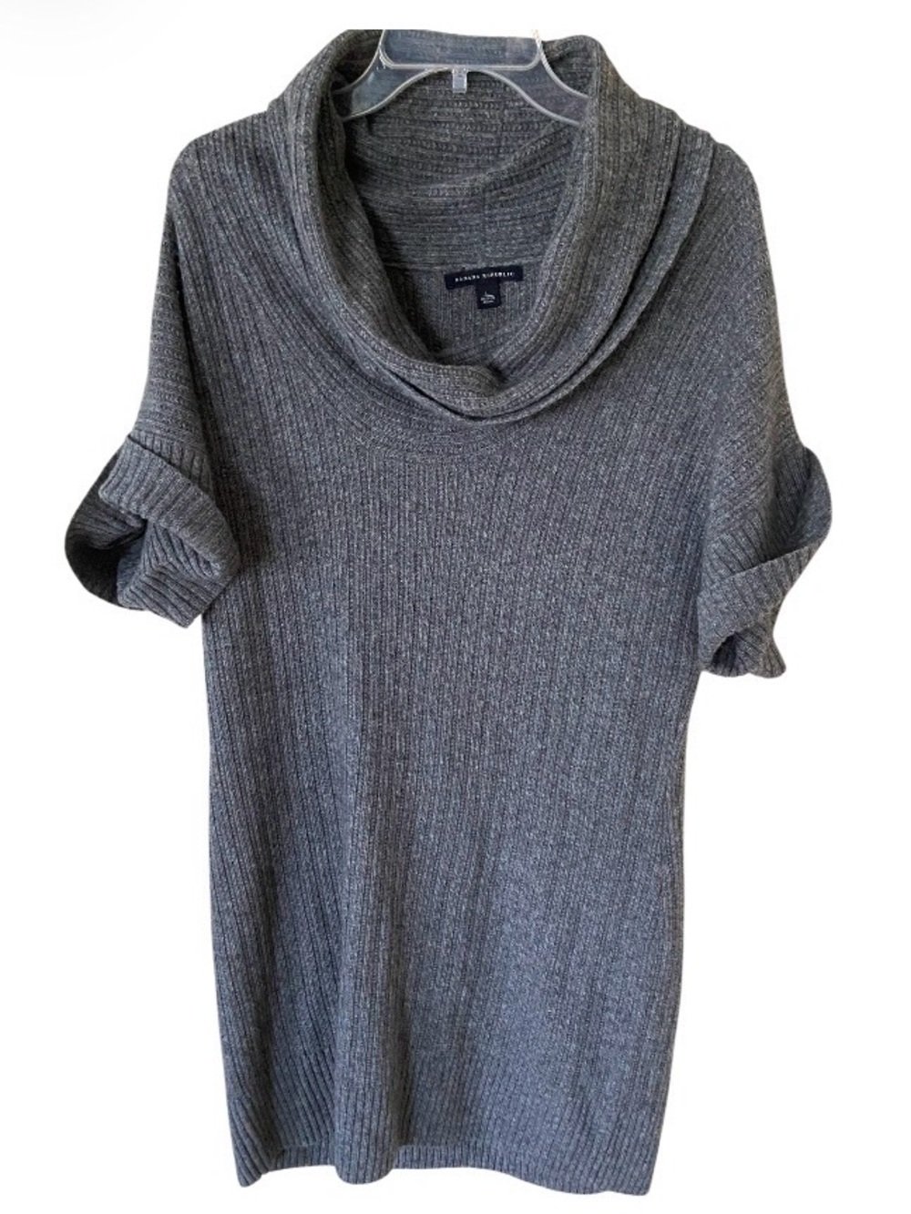 Banana Republic Gray Ribbed Cowl Neck Short-Sleeve Sweater Dress size L, wool